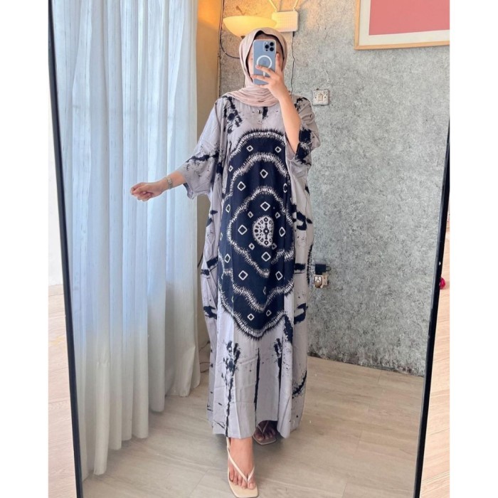 Kaftan Pakaian wanita dress kaftan gamis jumbo batik rayon kondangan pesta - biru SASIRANGAN, GAMIS 