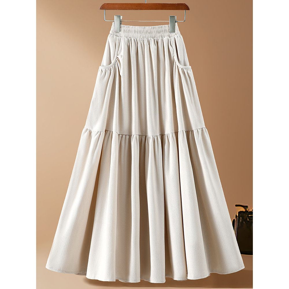 Rok Korduroi Wanita Rok Payung Pelangsing Pinggang Tinggi Retro