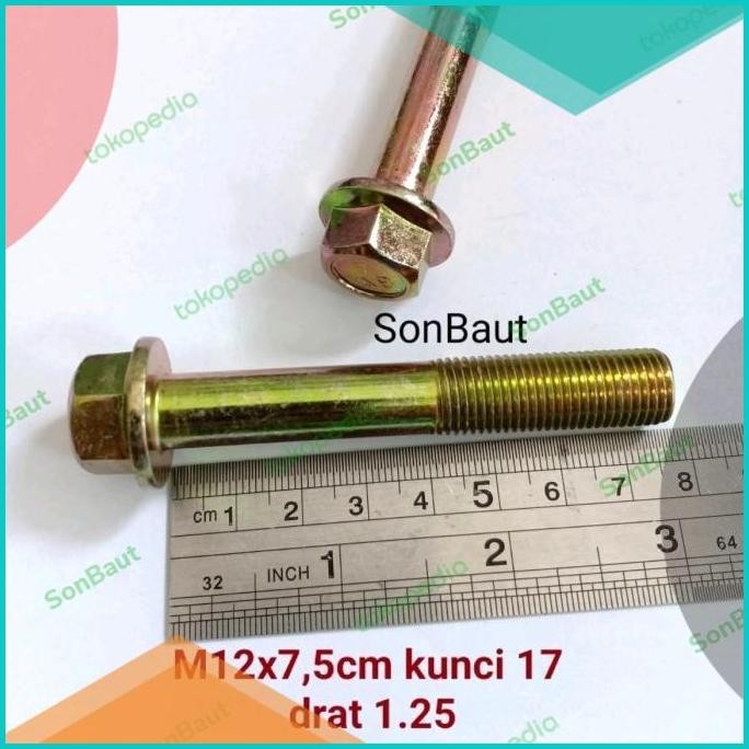 Baut Topi 17 7.5cm kunci 17 Flange bolt M12x75 12x75 drat halus 1.25 0