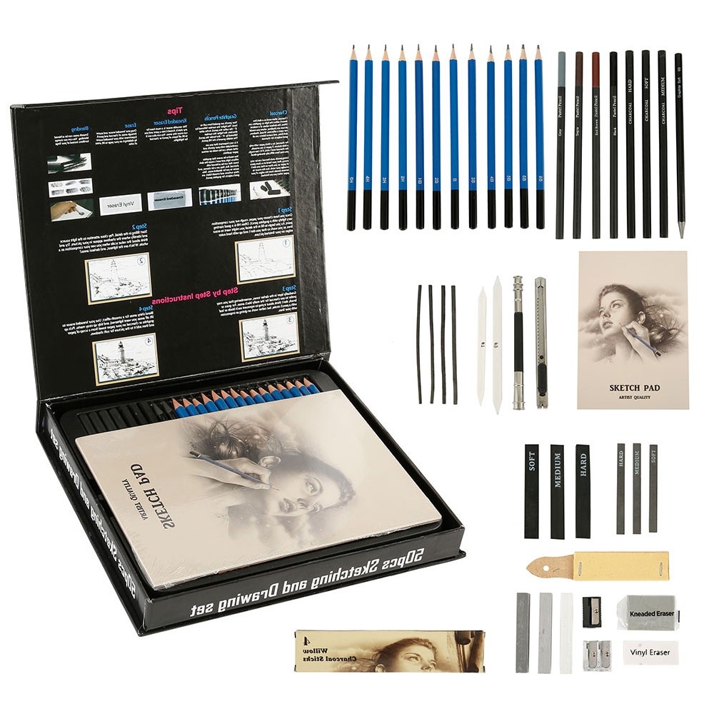 

50 pcs Set Pensil Sketsa Artis Kit menggambar profesional kerajinan, perlengkapan seni portabel untuk siswa, grafiti |OuJQ4NRR|