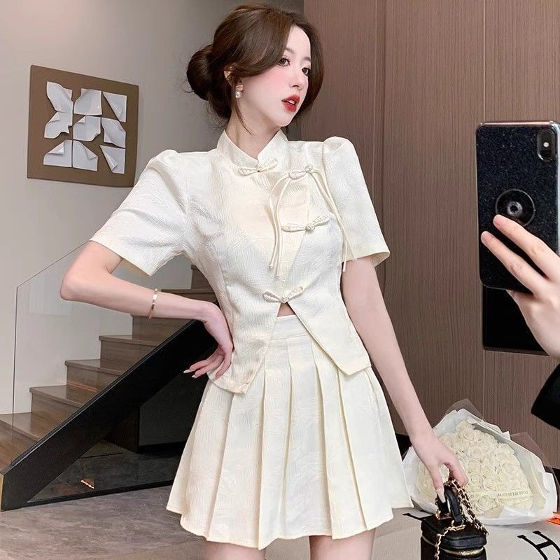 New Chinese Style Improved Cheongsam Pleated Skirt Two-Piece Set