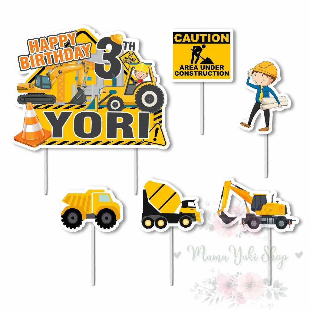 Topper Cake Hiasan Kue Ulang Tahun Anak motif KONTRUKSI + NAMA & UMUR