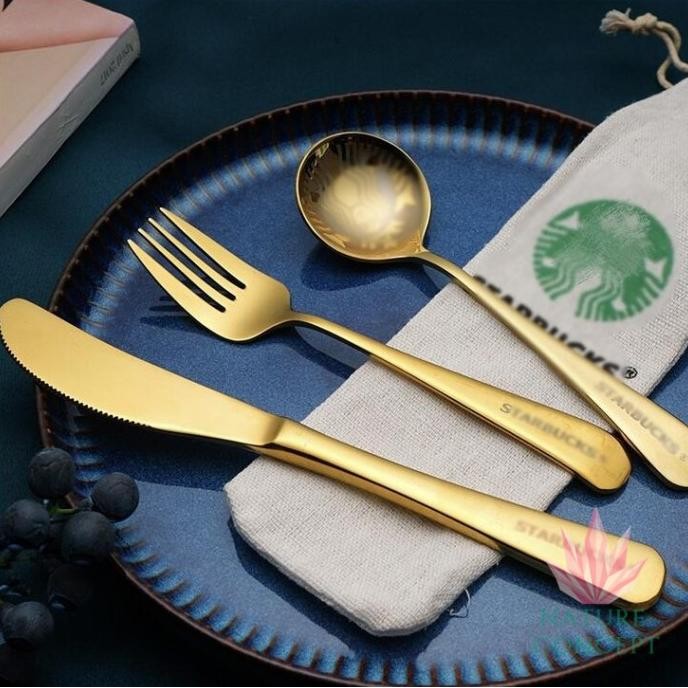 

Berkualitas Sendok Garpu Pisau Set Starbucks Stainless dengan pouch 4 in 1 - Gold