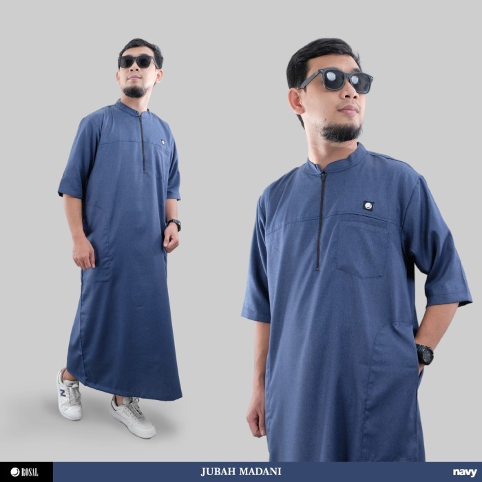 Jubah Pria Jubah Madani ROSAL Navy - Jubah gamis pria alharamain lengan pendek 3/4 kerah koko bahan 