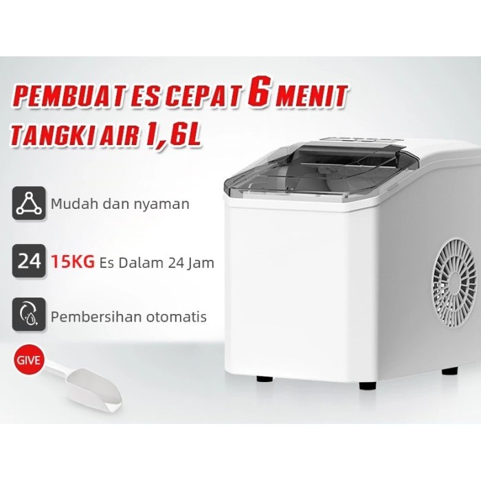 MEI Mesin Es Batu Kristal 15kg Otomatis 1.6L Mini Portable Ice Maker Mesin Pembuat Es 110W Mesin pem
