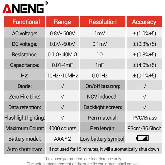 Aneng A3006 Pen Type Digital Multimeter 4000 Count Tester Zero Fire Berkualitas