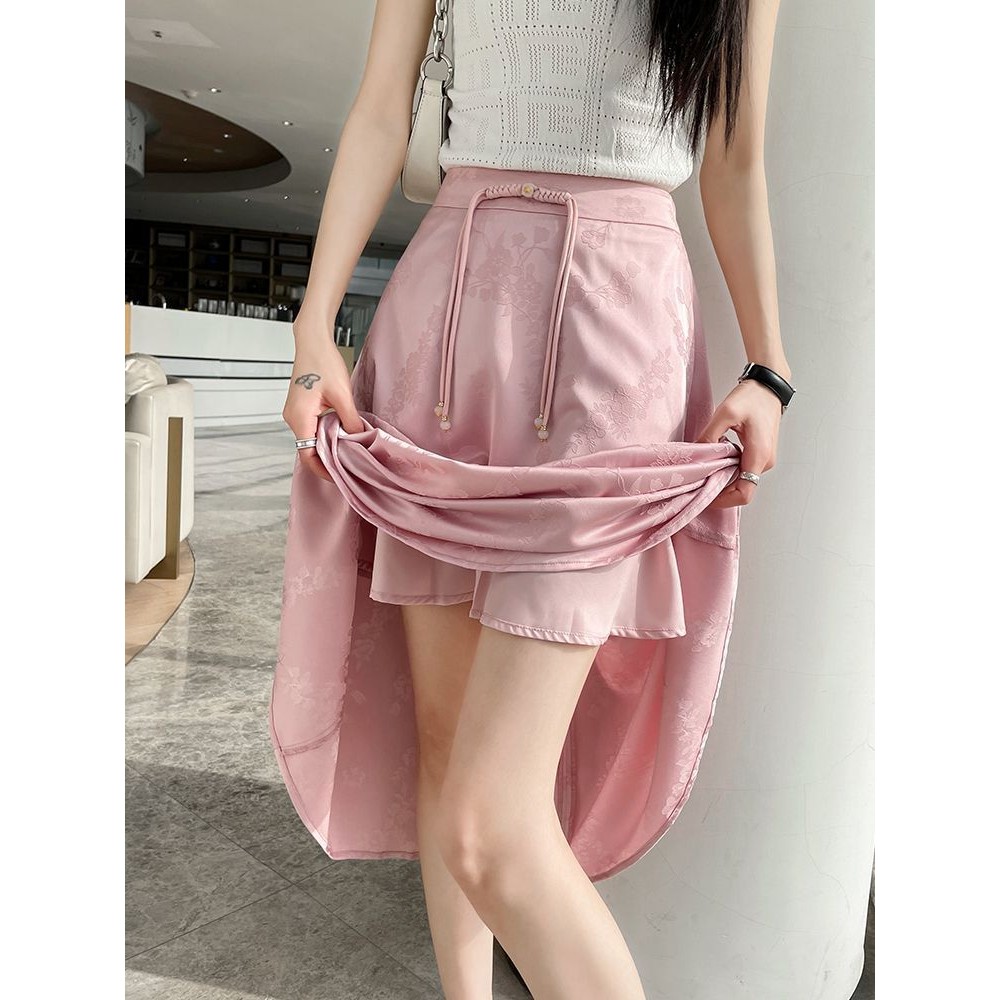 Rok Jacquard Satin Gaya . Baru Wanita dengan Gesper Musim Panas a Rok Payung Panjang Setengah Kata