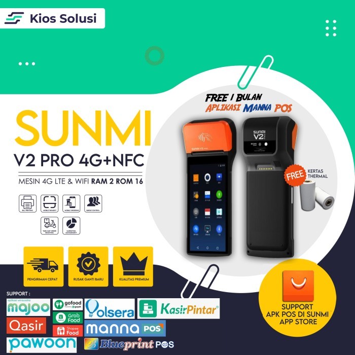 TERBARU Mesin Kasir Android Portable Sunmi V2 PRO 4G LTE RAM 2GB ROM 16GB