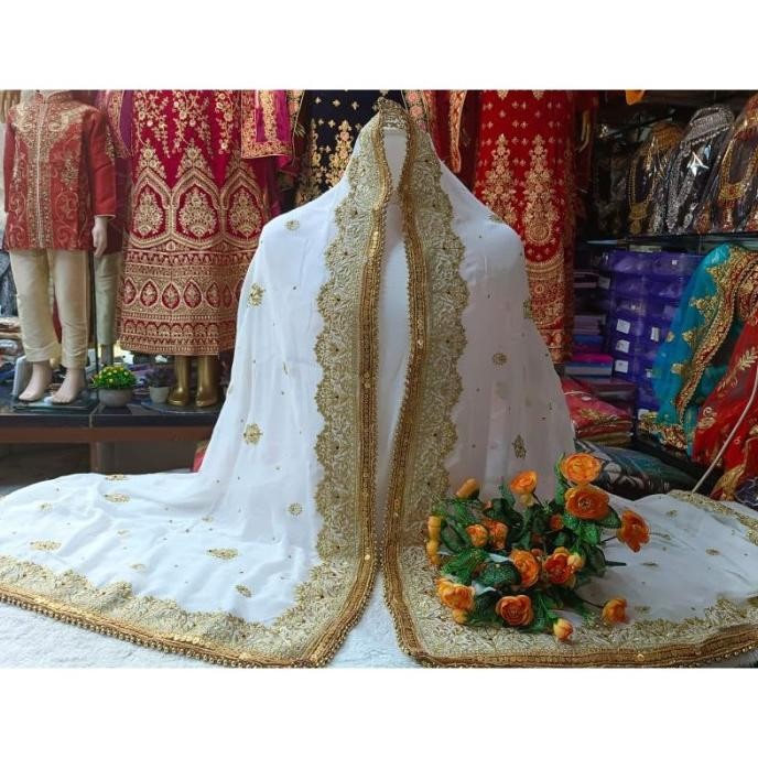 #TjM256 Putih Bordir Gold Siffon Selendang Sarangan Dupatta Dupata Syal Kerudung Hijab Pesta Adat In