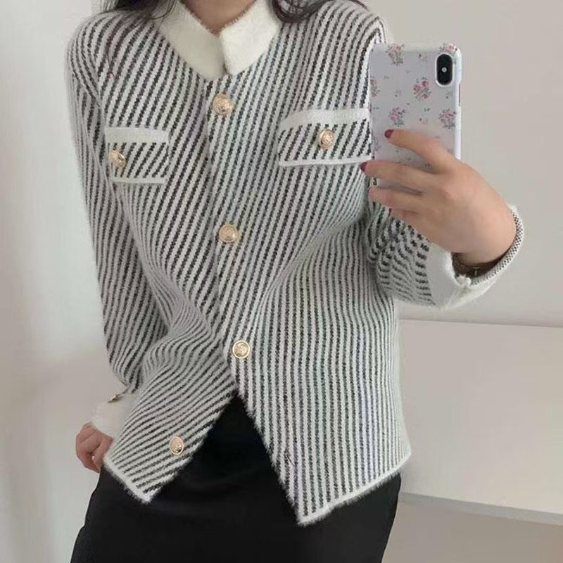 Ekouaer Blazers Rajut Wanita Knit Top Blazer Wanita Kekinian Blazer Style Hitam Putih