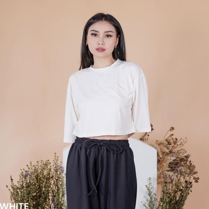JH Kaos Crop Top Simple Polos Drop Shoulder Tee Wanita Casual Sexy