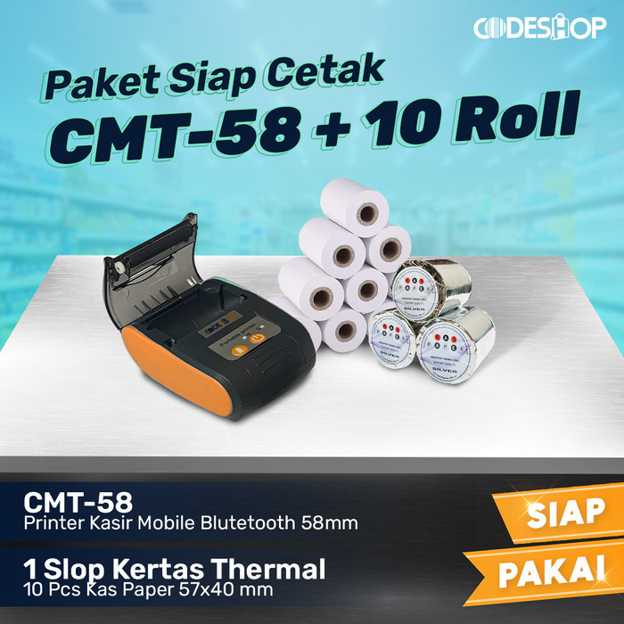 

(PAKET) PRINTER BLUETOOTH CODESHOP CMT 58 FREE PAPER 58X40 THERMAL