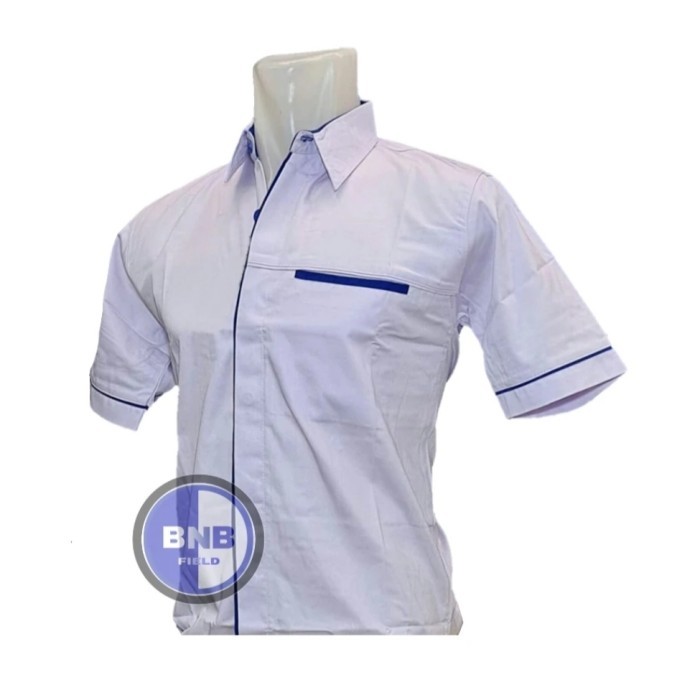 Kemeja Baju Seragam Putih Lis Biru Bahan American Drill.