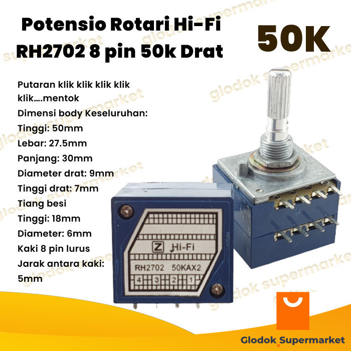TERBARU Potensio Rotari Hi-Fi RH2702 8 pin 50k Drat Stereo Kaki 4-4 Lurus BISA GOSEND
