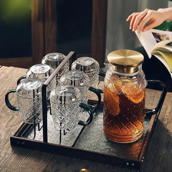 Set Teko Kaca Pitcher Teh Tahan Panas Motif Elegan Chinese Style 1.8 Liter Dengan 2 Gelas 450 Ml