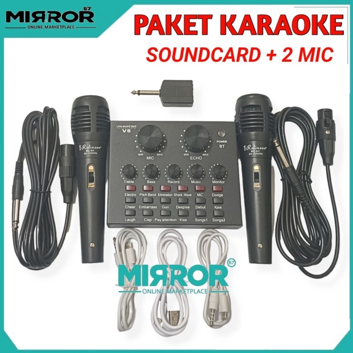 Satu Paket Alat Karaoke Mixer Mini Soundcard V8 & 2 Mic Gratis Spliter