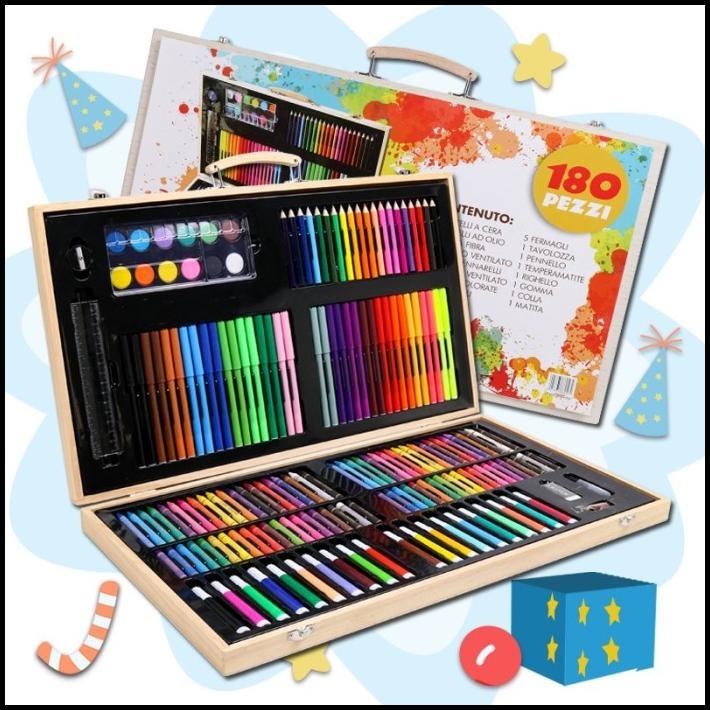 

Crayon Set 180Pcs Box Kayu / Painting Wooden Art Drawing Sets