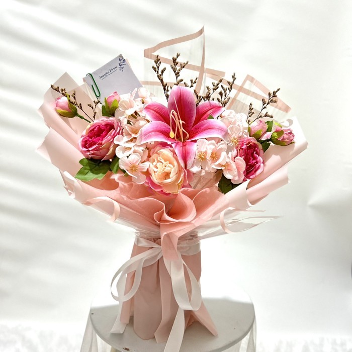 TERBARU Bouquet bunga lily artificial pink murah