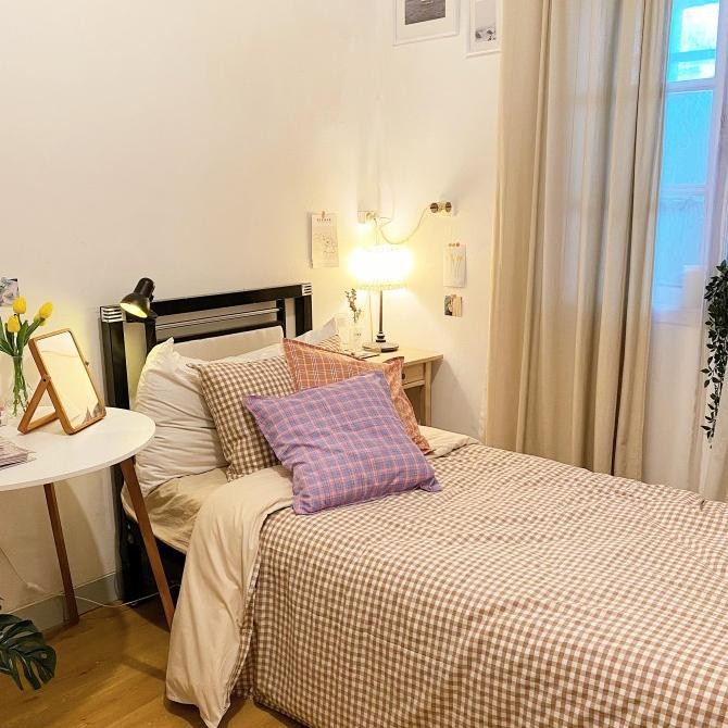 [Set] Sarung Bedcover & Sprei Kotak-Kotak Aesthetic Korea - Brown Ash Janeanne34