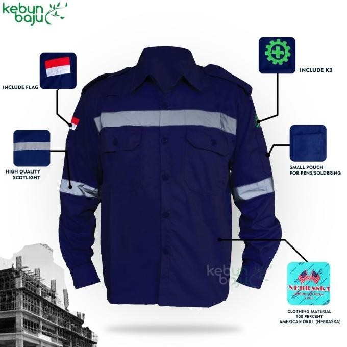 ((Order Yukk)) Kemeja Safety Lengan Panjang Us.Drill Wearpack Kemeja Proyek Biru Navy