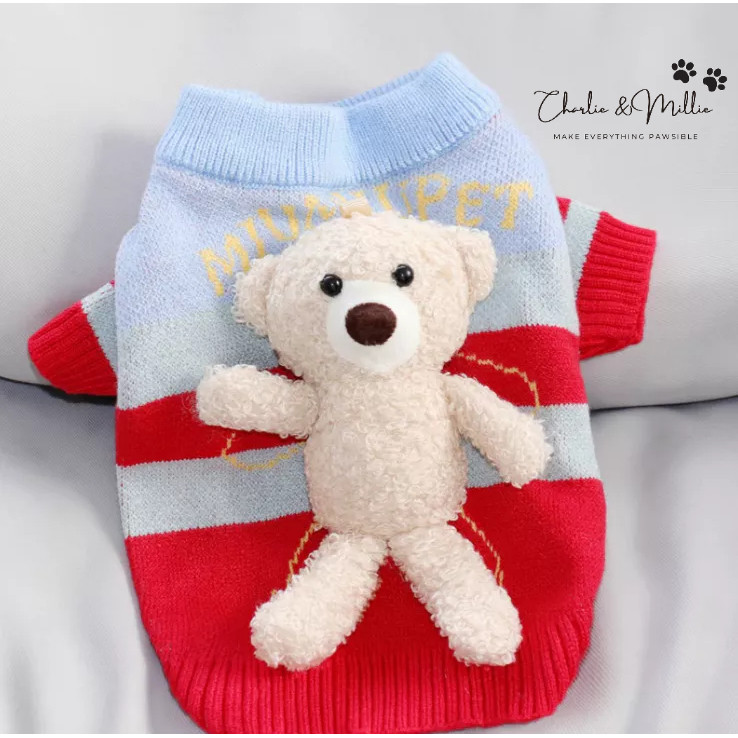 Charlie - Baju Anjing & Kucing Sweater Lengan Panjang Hangat dengan Aksesoris Boneka Teddy Bear