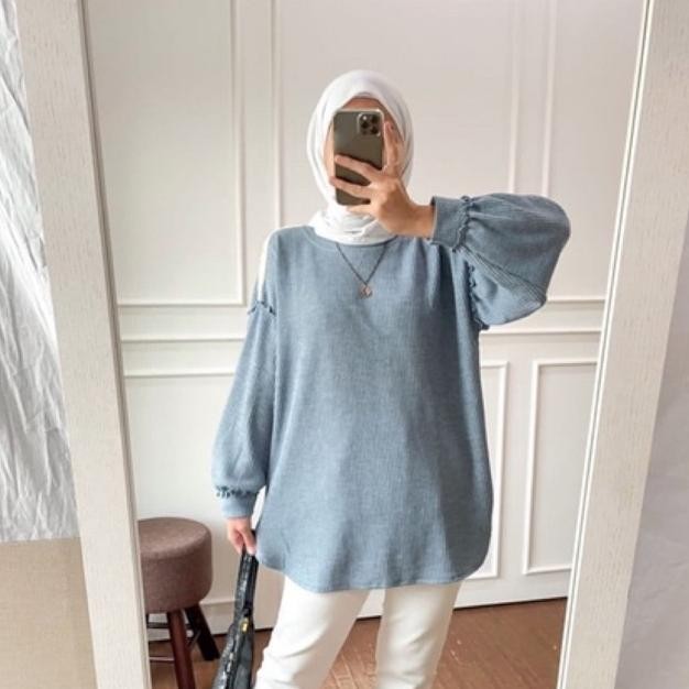 rile simple blouse lengan puff balon | waffle | oversize