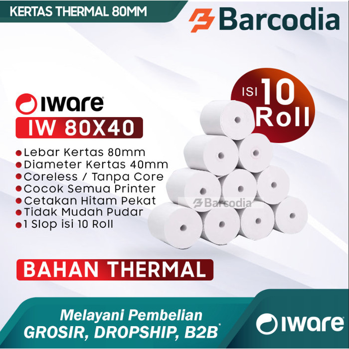 

TERLARIS! 10 ROLL Kertas Thermal 80mm Supplies Printer Bluetooth Ukuran 80x40 mm