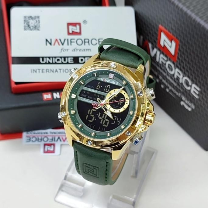 jam tangan pria NAVIFORCE 9208 Tali kulit hijau Dualtime original Terlaris