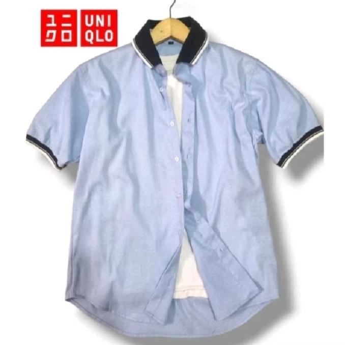 kemeja kerah  pria lengan pendek uniqlo// kemeja lengen pendek kerah motif pria//kemejq bahan cotton