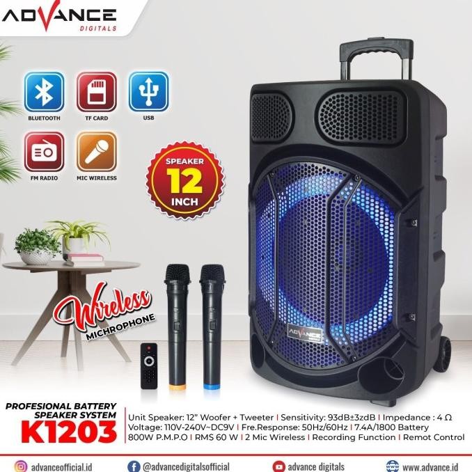 Murah Speaker Bluetooth Advance K1203/Speaker Portable 12 Inch - Free 2 Mic
