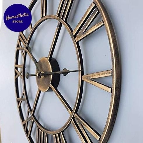 Jam Dinding Besi Metal Besar Bulat Quartz Creative Model Vintage Bergaya Retro Angka Romawi 60 cm 50