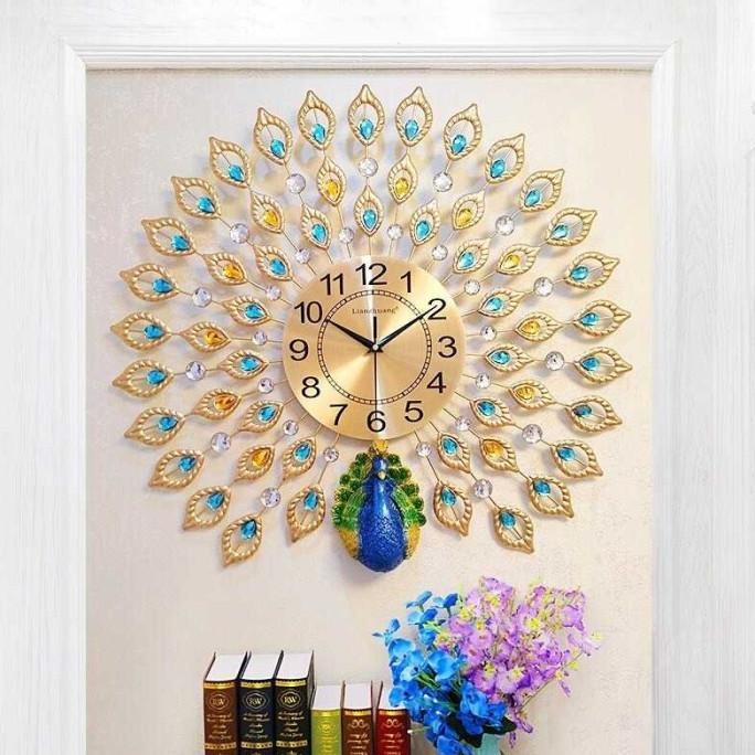 Jam Dinding Besar unik bulu merak Quartz Clock Diamond Peacock Terlaris