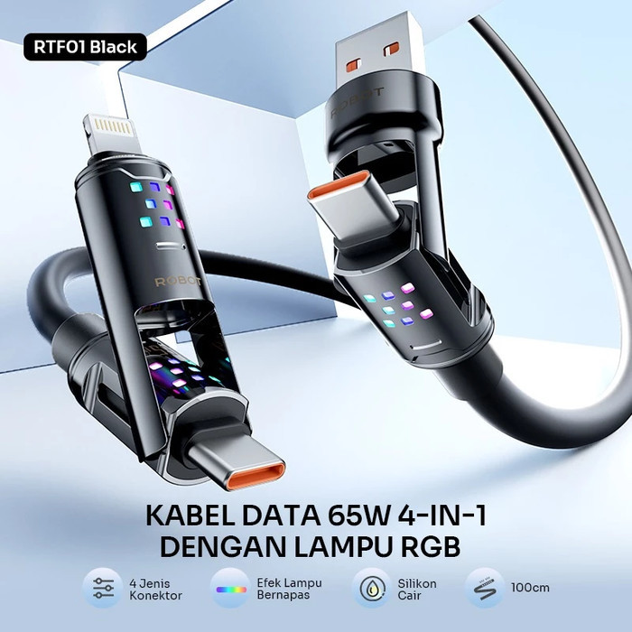 

SALE TERLARIS ROBOT KABEL DATA FAST CHARGING 65W KONEKTOR 4-IN-1 100CM RGB MATERIAL SILIKON LENTUR