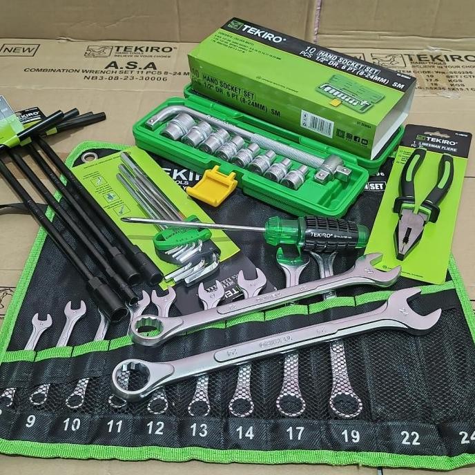 READY  TEKIRO Paket Bengkel lengkap 6Set Box Kunci Sok+Kunci Ring Pas+Kunci L+Obeng+Tang+Kunci T / A