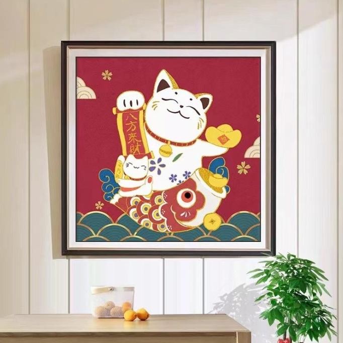 

DIY Diamond Painting Full kucing gemuk pengundang rezeki ikan koi dan yuan bao emas 40x40 cm D432