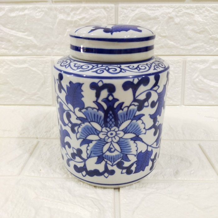 Toples Keramik Biru Putih/Pajangan Keramik/Toples Antik/Tochin bulat