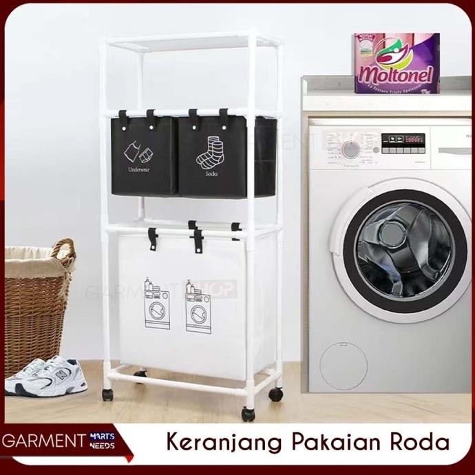 ] Keranjang Baju Laundry Bag Roda Dorong Anti Slip Rak Susun Pakaian Kotor Basket Cuci Baju Organize