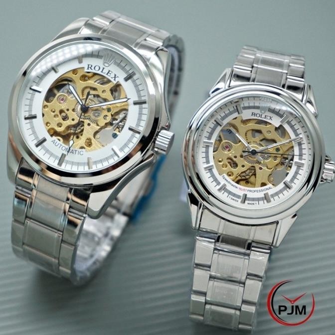 Murah Jam Tangan Couple Rantai Balok Automatic Transparan Otomatis