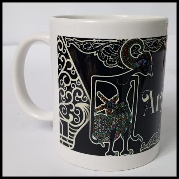Souvenir Mug/Gelas Wayang Arjuna Hitam Set Dus Putih