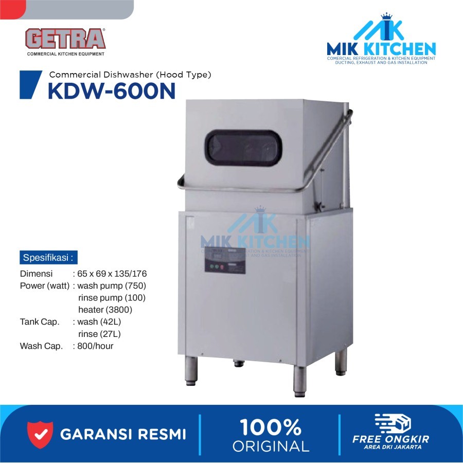 Mesin Pencuci Piring Komersial GETRA KDW-600N, Kapasitas 800 Item, Dimensi 650x1350x690mm