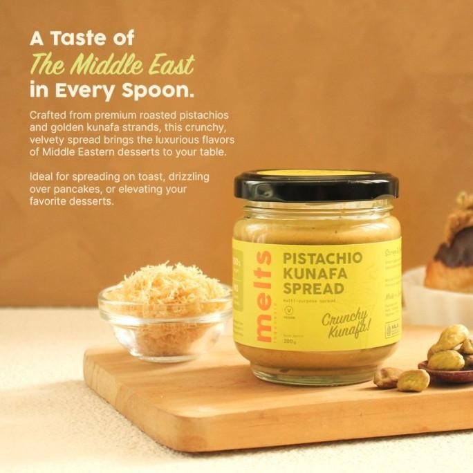 

Melts Pistachio Kunafa Spread | Selai kacang Crunchy Plant Based Vegan untuk Roti Bahan Kue Baking Pastry Topping HT