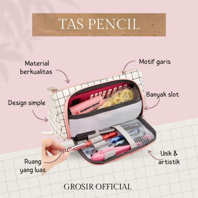 

TERLARIS Tempat Pensil Large Capacity Motif Garis TT60