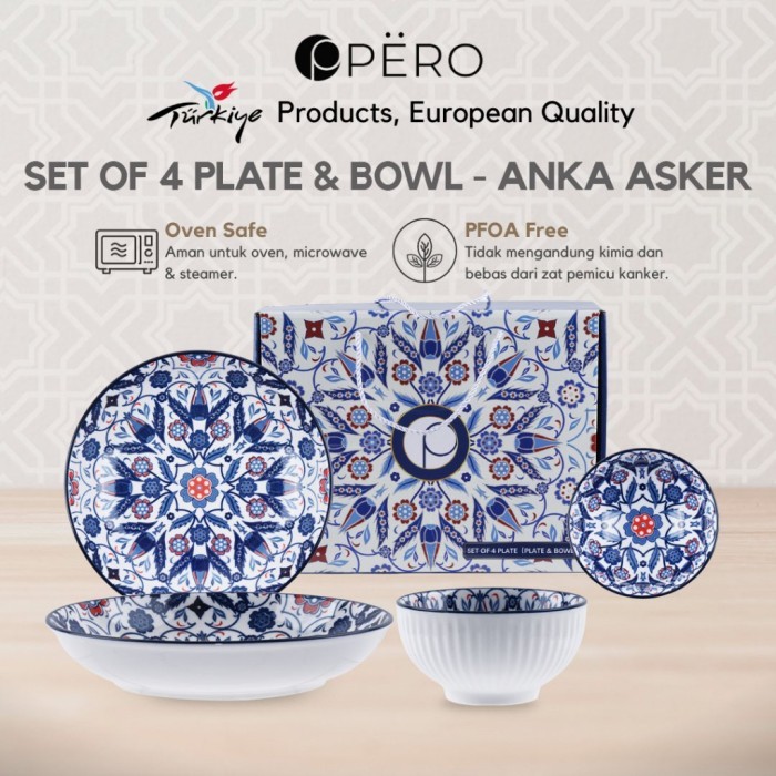 TERLARIS [GIFT IDEA] PERO SET OF 4 PLATE & BOWL PATTERN / SET MANGKUK PORCELAIN / MANGKUK SET