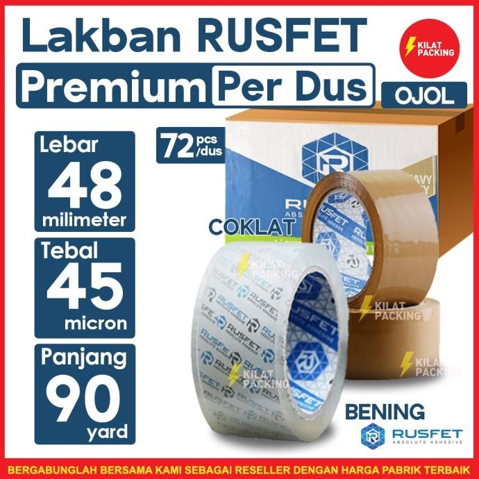 

LAKBAN RUSFET SUPER CLEAR - UKURAN 48 MM X 90 YARD PER DUS OJOL ASLI