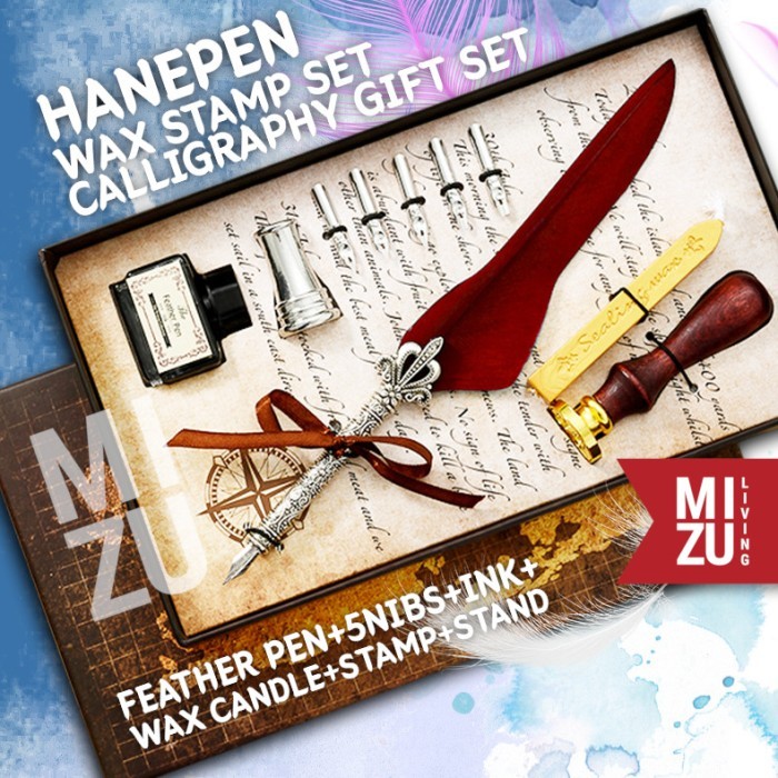 

MIZU HANEPEN WAX SEAL Calligraphy Set Feather Pen Bulu 6 Nibs Stempel