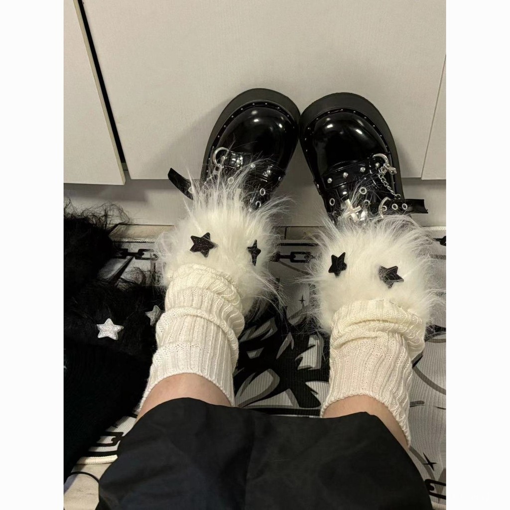 Black and White2041Fuzzy Half Leg Socks Versatile Star Pattern】Leg Warmers Pile Socks【Slimming y2k C