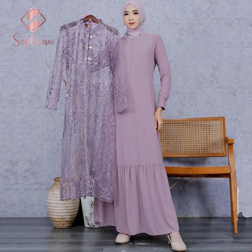 HJK Septiana - Set Outer dan Inner Gamis Brukat Pesta kombinasi tille brukat dan ceruti baby doll pa