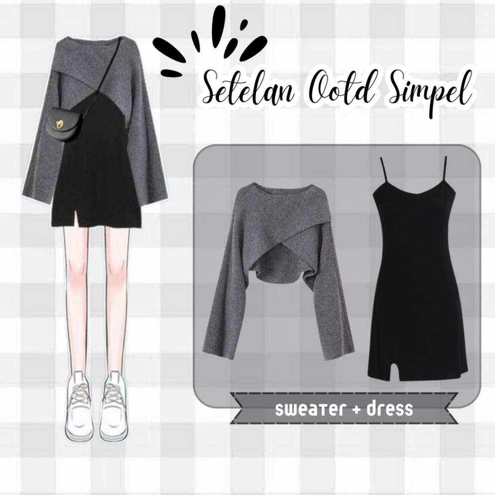 HJK One Set OOTD Wanita Kekinian Sweater Rajut Crop Silang + Dress Rayon Pendek Tali Kecil 058A