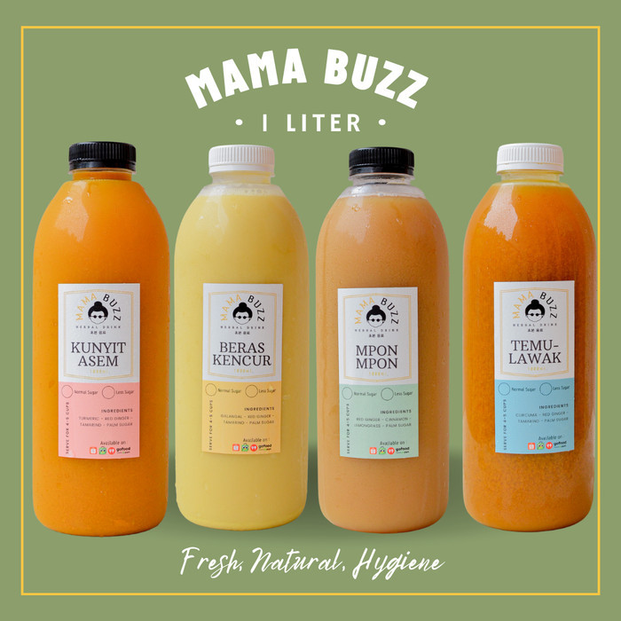 

HEMAT Jamu Kunyit Asem, Beras Kencur, Mpon - Mpon Mama Buzz 1 Liter