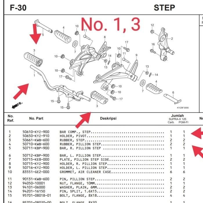 Barstep Footstep Depan + Karet Supra X125FI Helm In OriAHM 50610KYZ900 Original